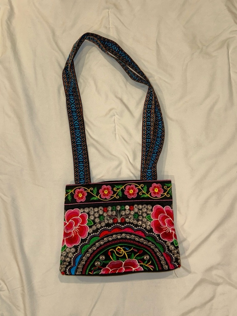 Embroidered Floral Double Strap Bag - Black with Pink Accents